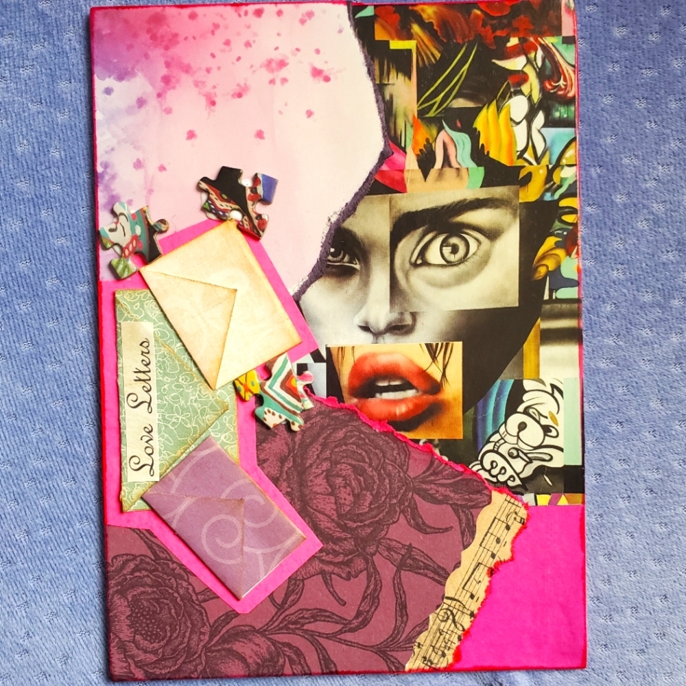 🙏 HAND CRAFTED 5x7 collage easel art Pink purple mixed media
